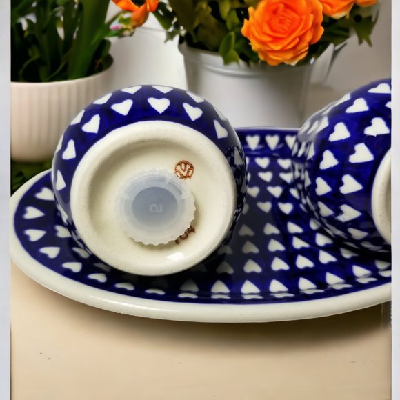 Cobalt Blue 3-Pcs Salt and Pepper Set Love Is All Around by Polish Pottery - Picture 2 of 11